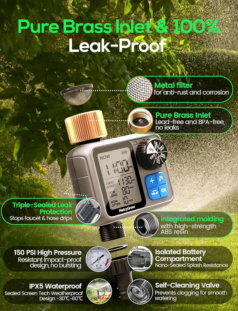 MetryGrow Sprinkler Irrigation Timer with Brass Inlet, Programmable Water Timer for Garden Hose, Automatic Watering System for Yard Lawn, Rain Delay - Image 4